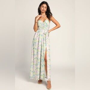 Lulu’s Effortlessly Abloom Green Multi Floral Ruched Halter Maxi Dress